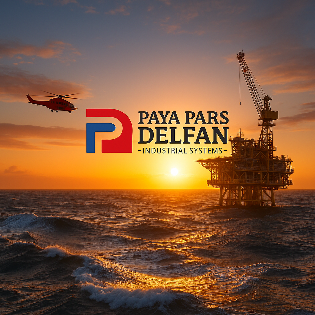 offshore oil platform at sunrise industrial offshore platform with helicopter landing stormy sea oil rig powerful offshore energy systems oil and gas offshore infrastructure sunrise over oil drilling platform heavy sea waves around oil platform industrial systems for offshore oil rigs power backup solutions for offshore industries Paya Pars Delfan industrial systems سکوی نفتی دریایی با طلوع خورشید و دریا مواج سکوی حفاری نفت در شرایط سخت دریایی سیستم‌های صنعتی پایا پارس دلفان برای سکوهای نفتی سکو نفتی در امواج پرتلاطم با فرود بالگرد تاسیسات نفت و گاز در طلوع آفتاب